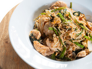 stir fried sukiyaki sauce with glass noodles, chicken breast and vegetables