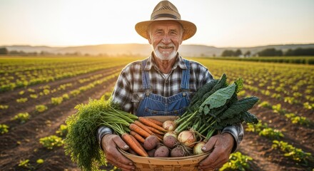 World Mental Health Day of a proud elderly farmer holding fresh vegetables in his field, representing sustainable living and harvest joy.
