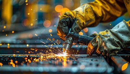 A skilled worker in protective yellow gloves uses a plasma cutter on a metal sheet, creating a shower of bright orange sparks.