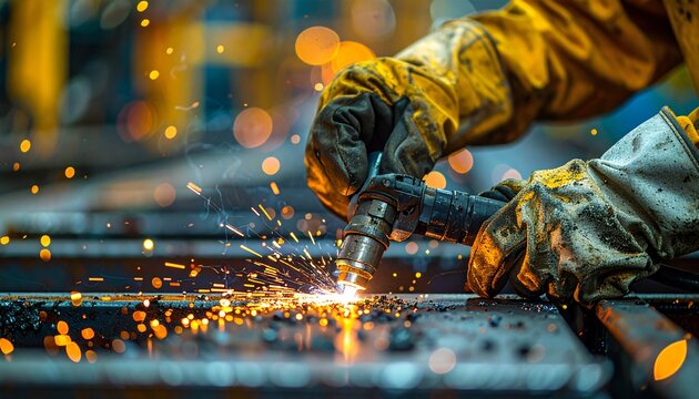 A skilled worker in protective yellow gloves uses a plasma cutter on a metal sheet, creating a shower of bright orange sparks.