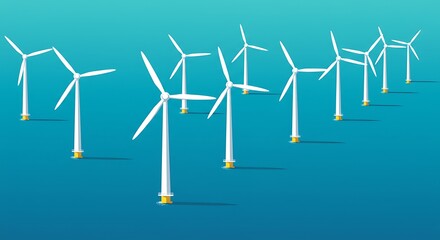 Offshore wind farm with multiple turbines generating clean renewable energy in the ocean on a clear day