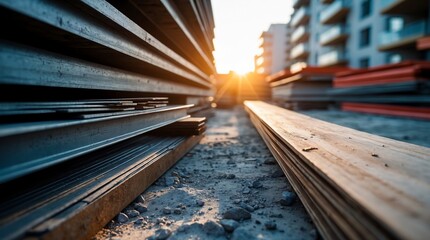 Obraz premium Construction Site with Stacked Wood and Sunset View.