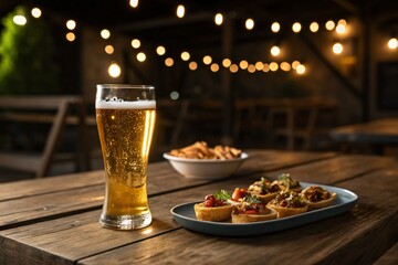 Beer, snacks, and appetizers on a wooden table at an outdoor restaurant.