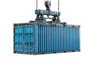 A rusty blue shipping container suspended by heavy lifting machinery
