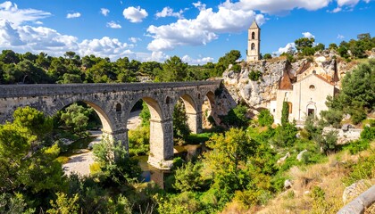 A stone arch bridge spans a valley, showcasing a picturesque landscape with a charming, ancient church nestled in the rocky terrain.