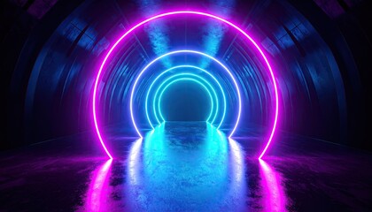 Neon Portal Rings Tunnel: Cyan and Magenta Glowing Circles in Dark Cinematic Setting