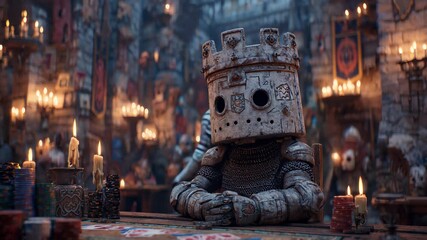 Medieval Knight Robot Playing Poker in a Candlelit Tavern, Fantasy Card Game with Casino Chips, AI Generated Image - Powered by Adobe