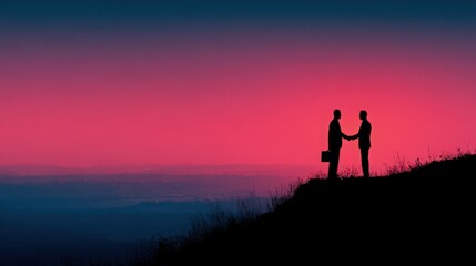 Obraz premium Two silhouetted businessmen conclude a successful deal with a handshake at sunset on a hillside, symbolizing partnership and achievement in a picturesque scene.