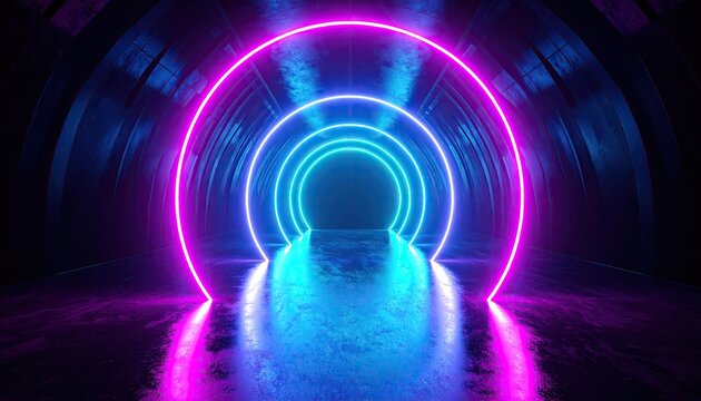 Neon Portal Rings Tunnel: Cyan and Magenta Glowing Circles in Dark Cinematic Setting