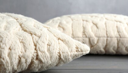 Cozy Plush Ivory Knit Pillows on Gray Surface