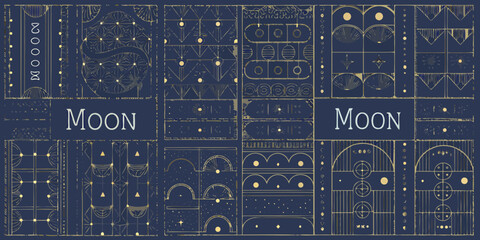 Elegant art deco celestial patterns featuring the word moon in gold and deep blue © RanjanKumar