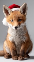Obraz premium Smiling fox cub wearing a Christmas hat captures the joy of the holiday season