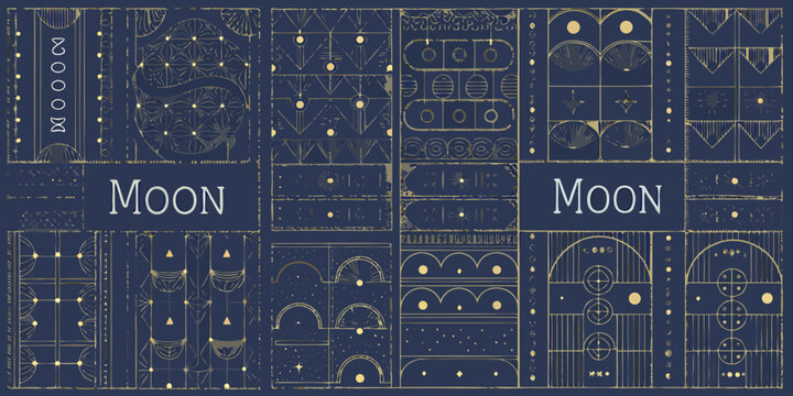 Elegant art deco celestial patterns featuring the word moon in gold and deep blue