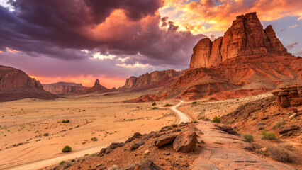 Epic rocky desert landscape with red sandstone formations under dramatic sky