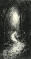 Serene forest pathway illuminated by soft light, inviting exploration through nature's tranquility