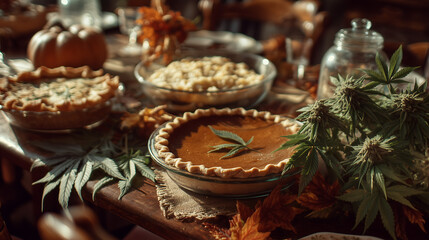 Cannabis themed Thanksgiving dinner table with autumn feast and green decor

