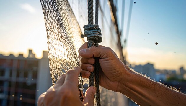 A person's hands firmly grip a thick steel cable and safety net against a sunlit city skyline.
