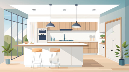 Visualize your dream kitchen with this bright, modern interior featuring sleek cabinetry, a central island, and sunlit window views for home design inspiration