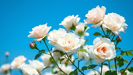 White roses blooming under a clear blue sky, symbolizing purity and springtime.