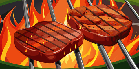 Beef steaks atop a grill, infused with flames and smoke, epitomizing the art of grilling and the joy of outdoor cooking during vibrant summer gatherings and .