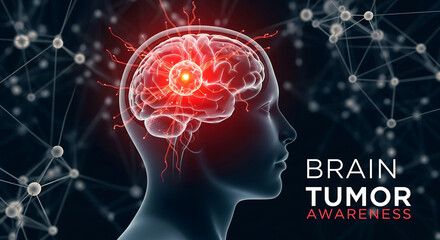 Visual representation of a glowing brain tumor with neural network overlay for brain tumor awareness campaigns