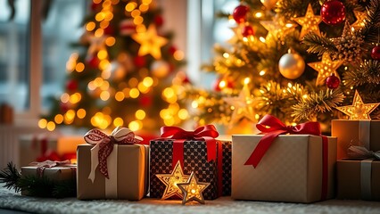 Festive holiday setup with decorated tree and gift boxes, evoking warmth and seasonal joy.
