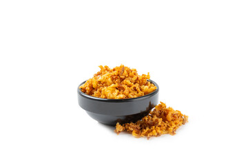 Crispy fried onion isolated on white background. Roasted Onions. Seasoning for dishes. Spices. Salad dressing. Space for text. Copy space