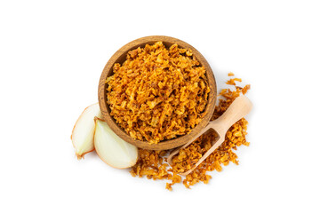 Crispy fried onion isolated on white background. Roasted Onions. Seasoning for dishes. Spices. Salad dressing. Space for text. Copy space