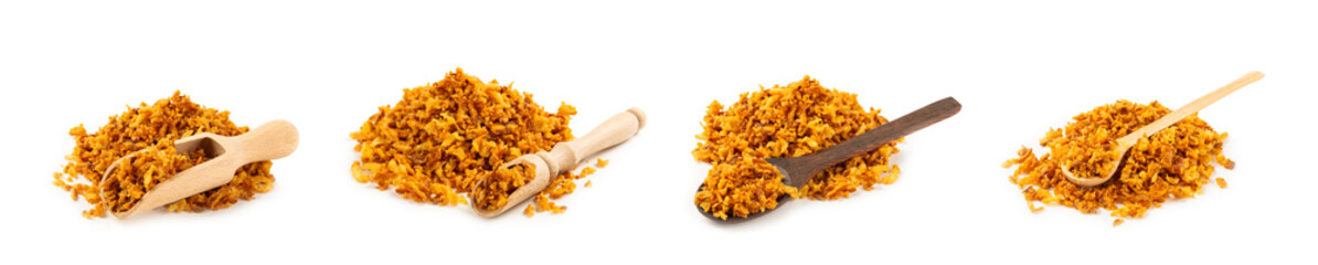 Crispy fried onion isolated on white background. Roasted Onions. Seasoning for dishes. Spices....