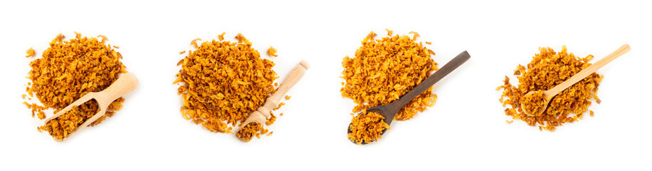 Crispy fried onion isolated on white background. Roasted Onions. Seasoning for dishes. Spices. Salad dressing. Space for text. Copy space