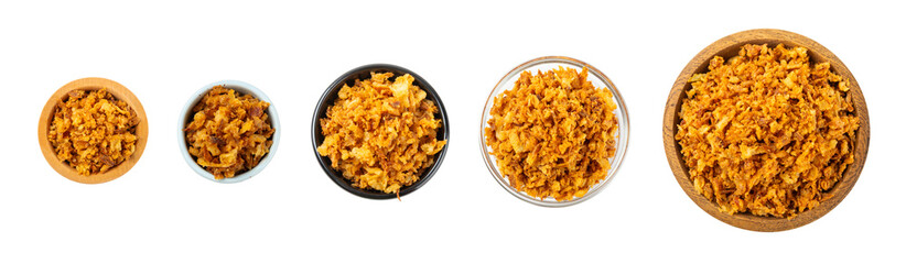 Crispy fried onion isolated on white background. Roasted Onions. Seasoning for dishes. Spices. Salad dressing. Space for text. Copy space