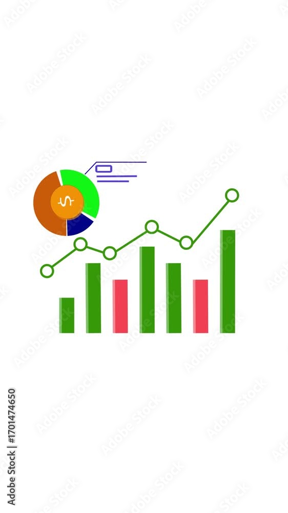Poster financial growth visualized with animated bar graph, pie chart, and line graph vertical video. anima