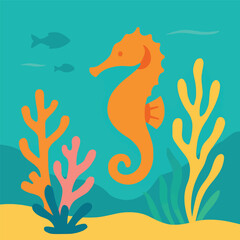 Obraz premium Vibrant orange seahorse swimming in a stylized underwater scene with colorful coral, seaweed, and fish silhouettes.