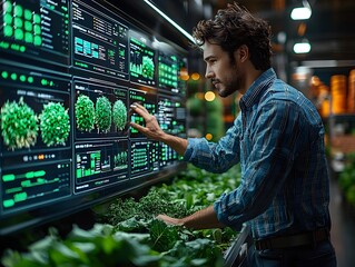 Modern farmer analyzing crop data on digital screens in a high tech agricultural environment showcasing smart farming technology