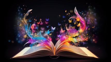 Open book with colorful butterflies flying out