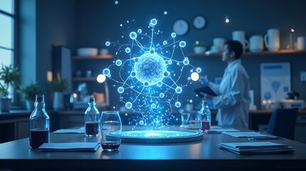 Scientific Research Laboratory Scientist Analyzing Molecular Model in Modern Lab Environment