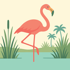 Obraz premium Illustration of a flamingo standing in water with plants and palm trees.