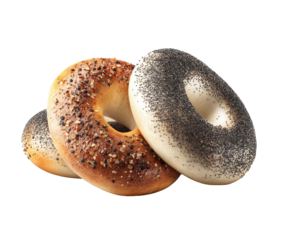 Three bagels, one with poppy seeds, another with various seeds,  stacked
