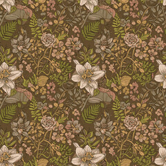 Botanical pattern with lilies, roses, ferns and other flowers on a brown background, patern seamless, Stock royalty image.