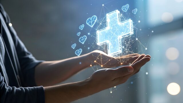 Close Up of Hand Holding 3D Hologram Medical Cross with DNA and Heartbeat Icons for Digital Healthcare Innovation