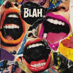 A collage of vibrant, open mouths shouting, overlaid with the word "Blah," creating a visually striking and chaotic composition