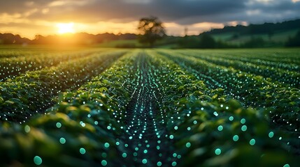 Futuristic smart farm field at sunset showcasing the integ n of digital technology and agricultural growth with glowing data points