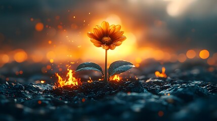 A vibrant orange flower emerges from a scorched earth surrounded by flames representing hope and resilience