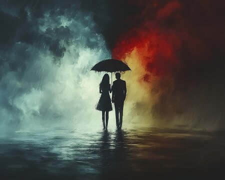 A couple silhouetted under an umbrella stands in a dramatic contrast of storm and light reflecting their emotional journey
