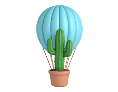 Whimsical cactus plant in a pot flying with a light blue hot air balloon