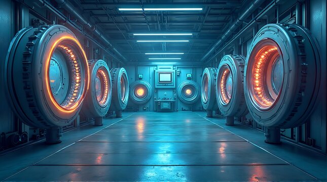 Futuristic Data Storage Facility with Neon Lighting and Large Circular Machines in a High-tech Environment