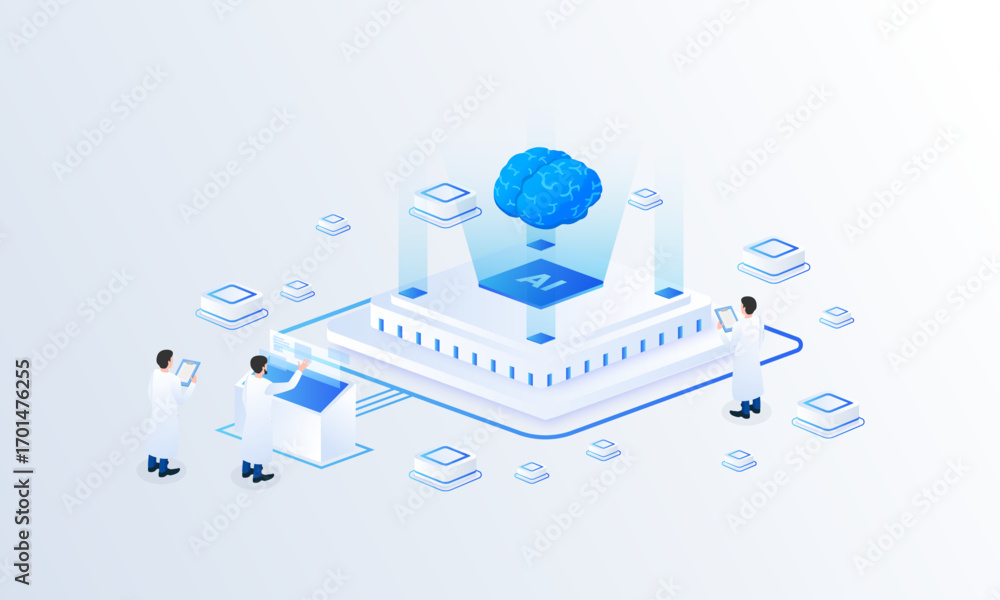 Aufkleber artificial intelligence brain isometric vector illustration. machine learning analyzing, digital lab