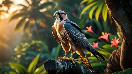 Majestic hawk perched on a branch in a lush tropical rainforest environment