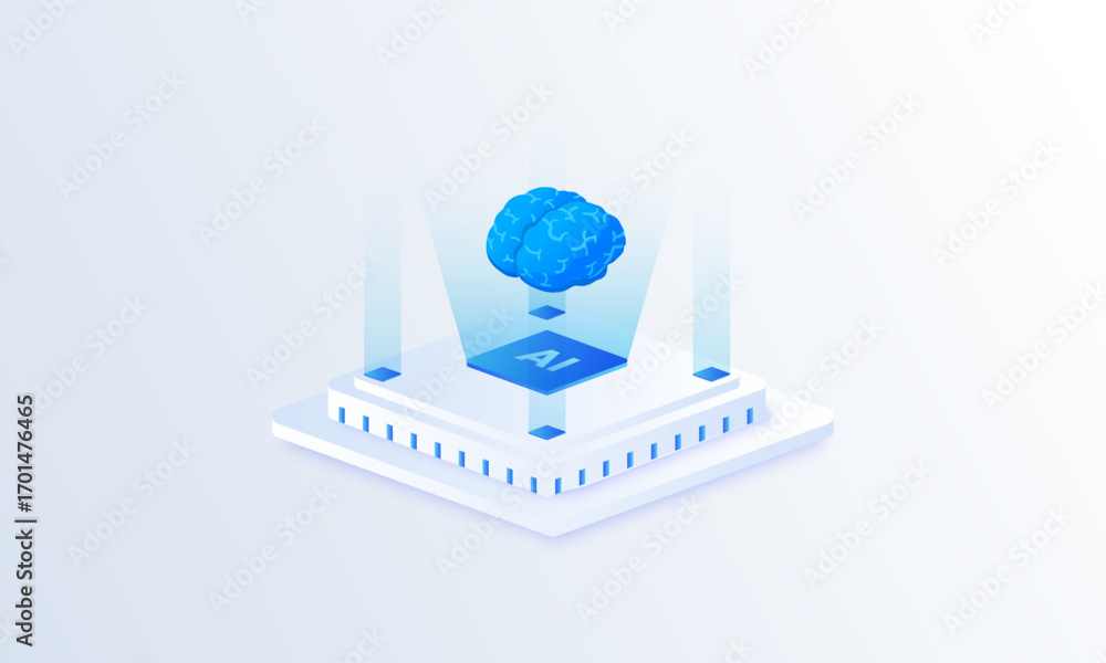 Poster artificial intelligence brain hologram isometric vector illustration. machine learning processor, ne