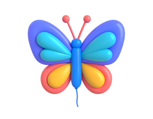 Playful 3D rendered colorful butterfly with vibrant layered wings and antennae on black background.